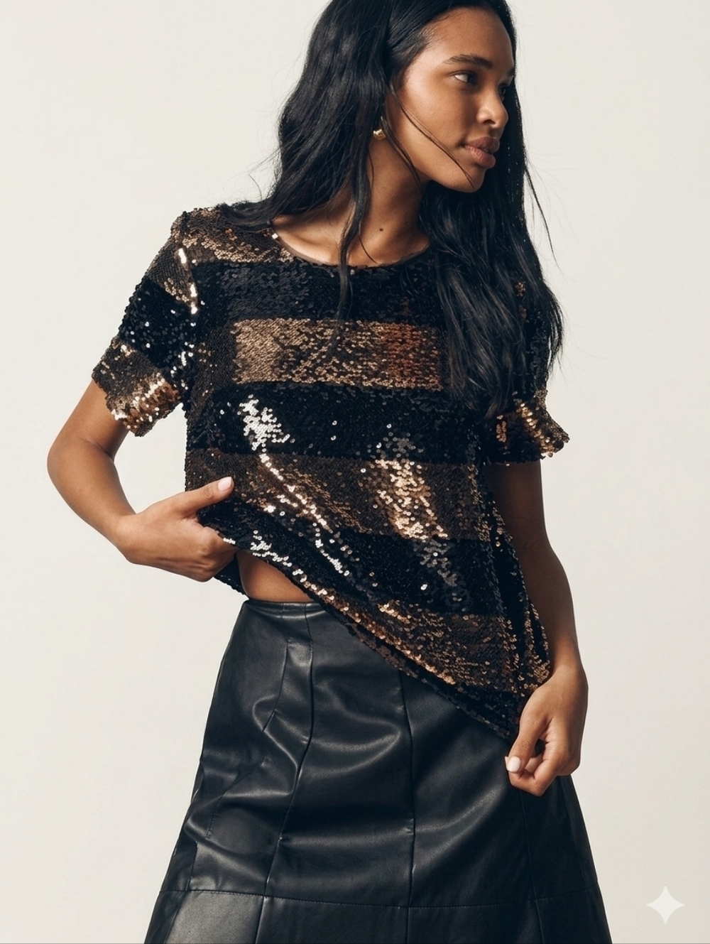 Anthropologie Maeve Sequin Striped Short Sleeve Top XXS Black Gold Party Glam